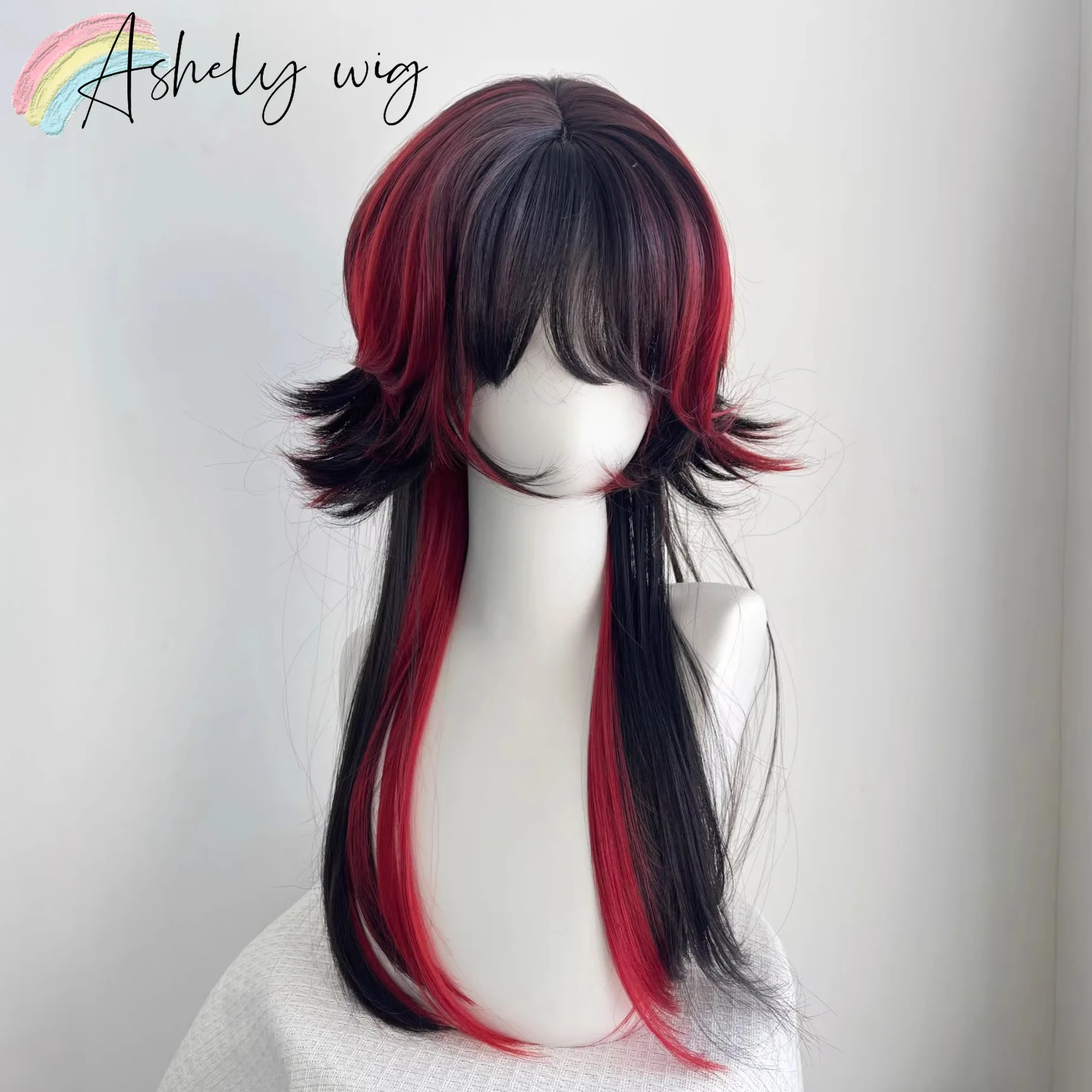 Ashely Jellyfish Head Black with Red Wigs with Bangs Subculture Y2K High Temperature Fibers Cosplay Synthetic Wigs for Daily Use