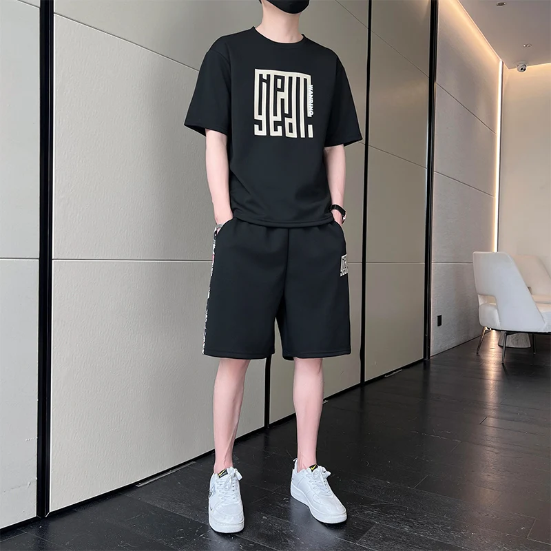 

Men's Clothing Summer Geometric Pullover Crew Neck Short Sleeve T-shirt Elastic High Waist Pockets Printing Shorts Casual Set