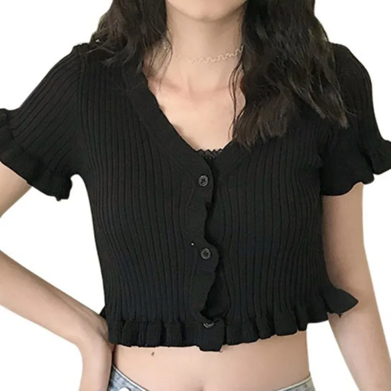 Women\'s Fashion V-neck Button Down Ruffled Crop Short Section Knitted Short Sleeved Cardigan Crop Tops