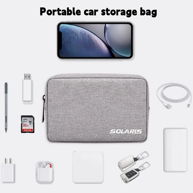 Car Portable USB Data Line Charger Plug Car keys cards cash driver's license Storage Bag For Hyundai SOLARIS 2019 2017 2012