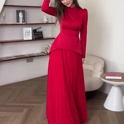 Fashion Tie-up Waist Draped Long Dress Elegant Contrast Patchwork Satin Evening Dress Women Causal Long Sleeve Solid Party Dress