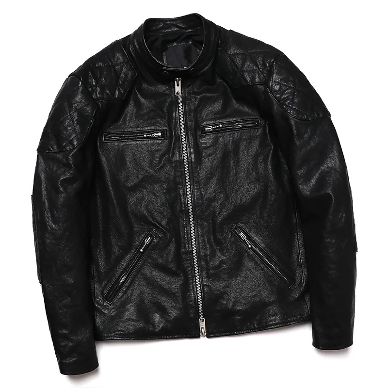 

New Motocycle Vintage Black Sheepskin Leather Jacket Men's 100% Genuine Biker Coats Man Slim Clothing