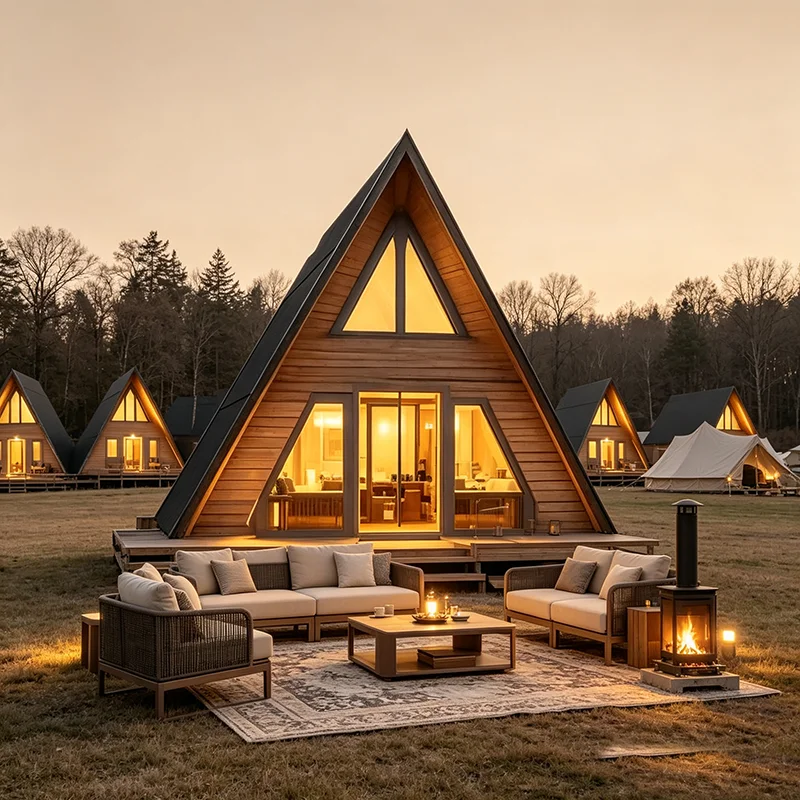 Luxury A-Frame Wooden Villa Prefabricated Triangle Cabin Custom Glamping Resort Tiny House Kit