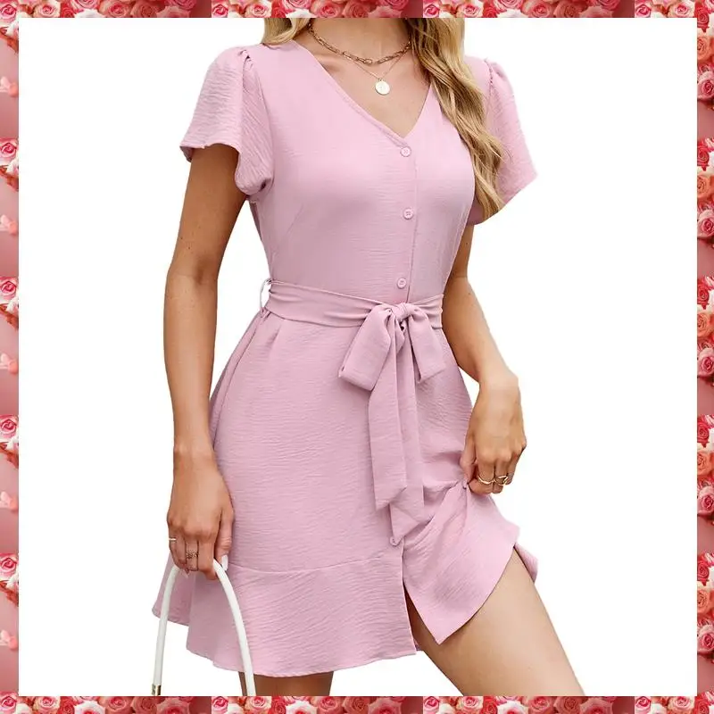 فستان نسائي صيفي كاجوال بأزرار لتغطية السباحة ورقبة على شكل حرف V وأكمام مرفرفة