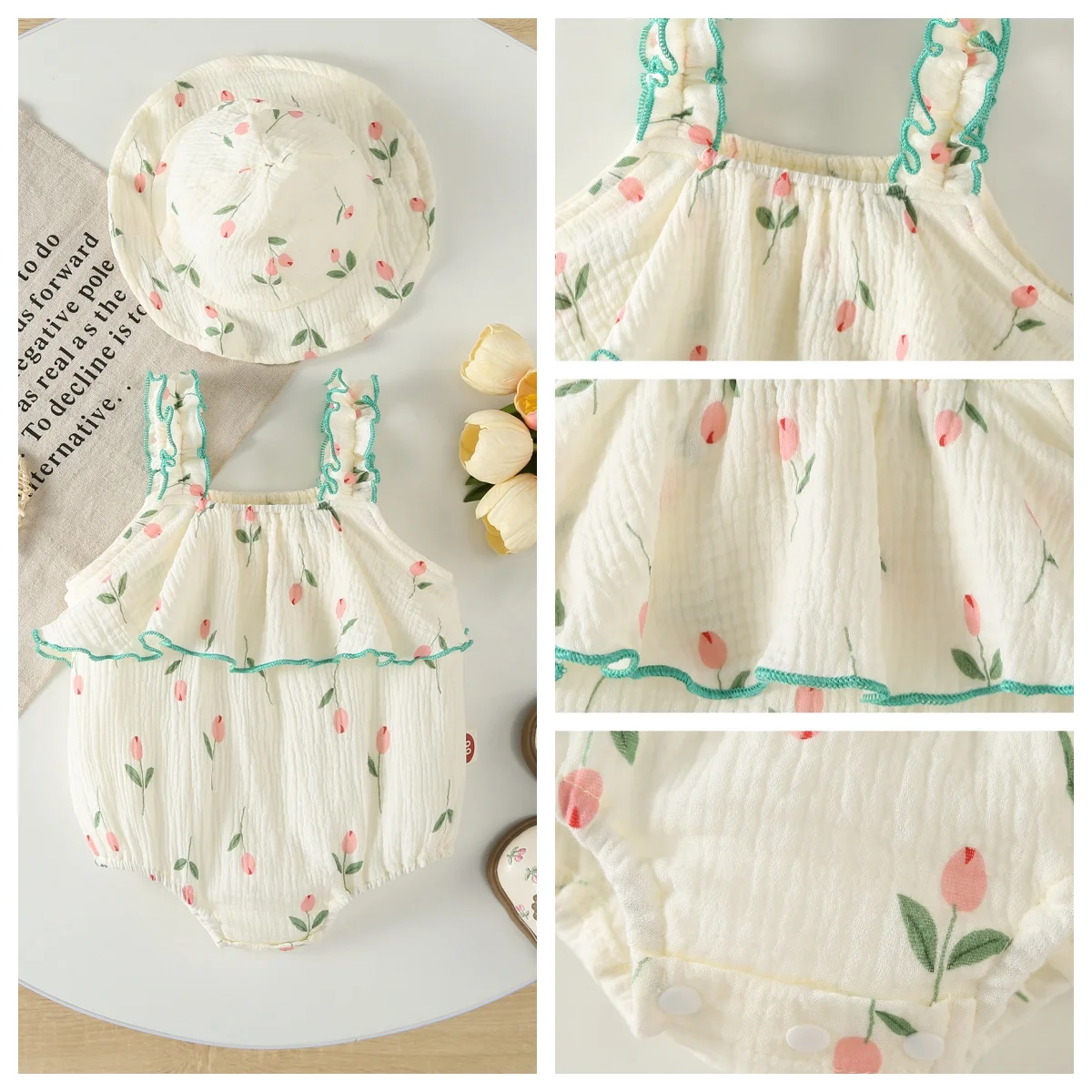 طفل تنفس القطن مطابقة ارتداءها قبعة 2 قطعة فتاة 2026 الصيف الباستيل توليب طباعة الثلاثي نيسيي #1