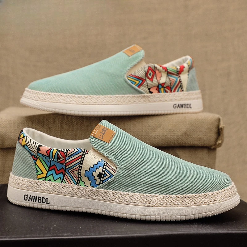 Men's Ethnic Print Slip On Canvas Espadrilles 2026 Summer Breathable Handmade Straw Sole Daily Casual Walking Footwear