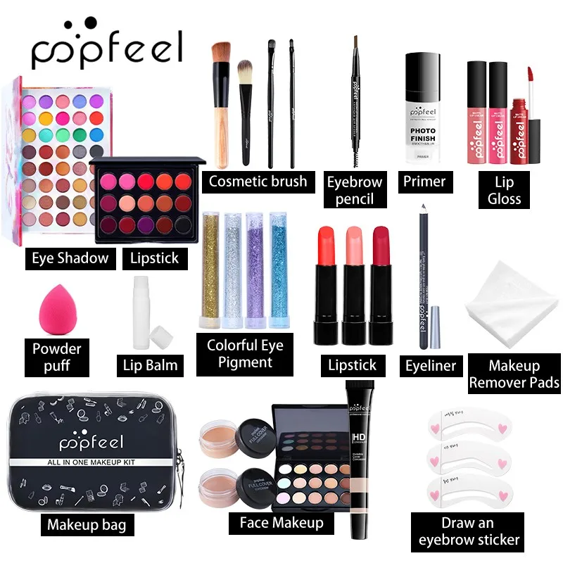 POPFEEL Makeup Kit Set, Cosmetic Set, Eyeshadow Palette, Lip Gloss Set, Liquid Lipstick, Makeup Sponge, Foundation, Concealer