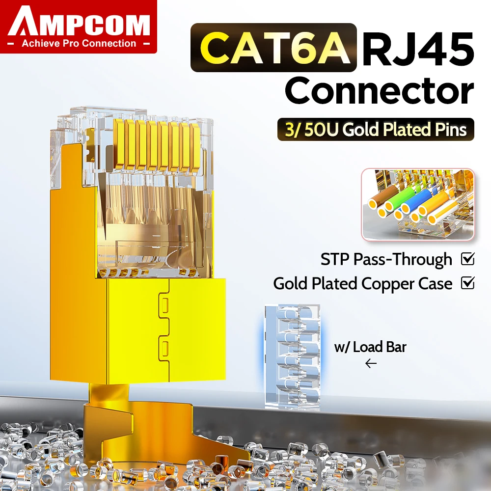 AMPCOM RJ45 Plug CAT6A Pass Through Shielded W/Load Bar 50/3U Gold Plated, Gold-Plated Copper Shell OD 1.5mm (22-26AWG), 6-50PCS