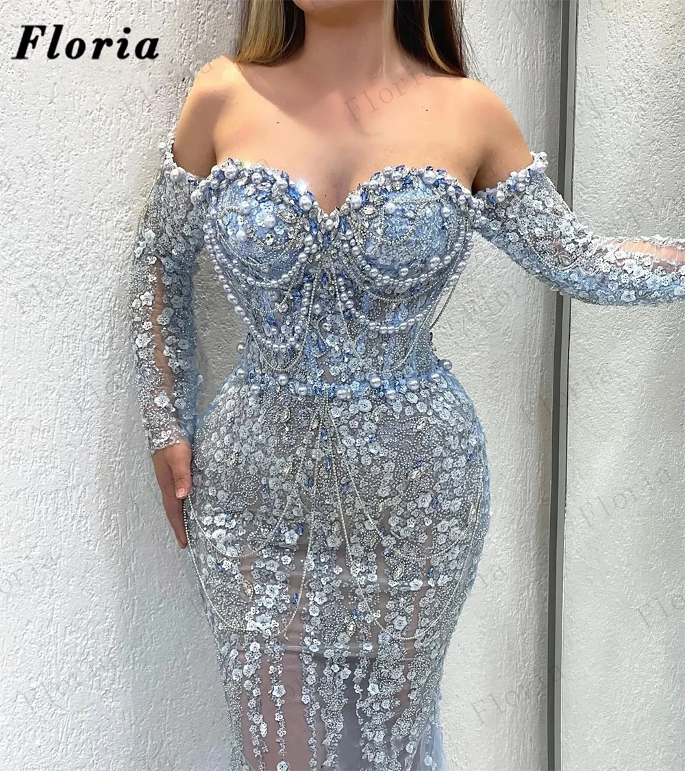 Sky Blue Mermaid Off Shoulder Evening Dresses Luxury Beading Pearls Tassel Wedding Event Gowns 2025 Arabic Dubai Party Dress