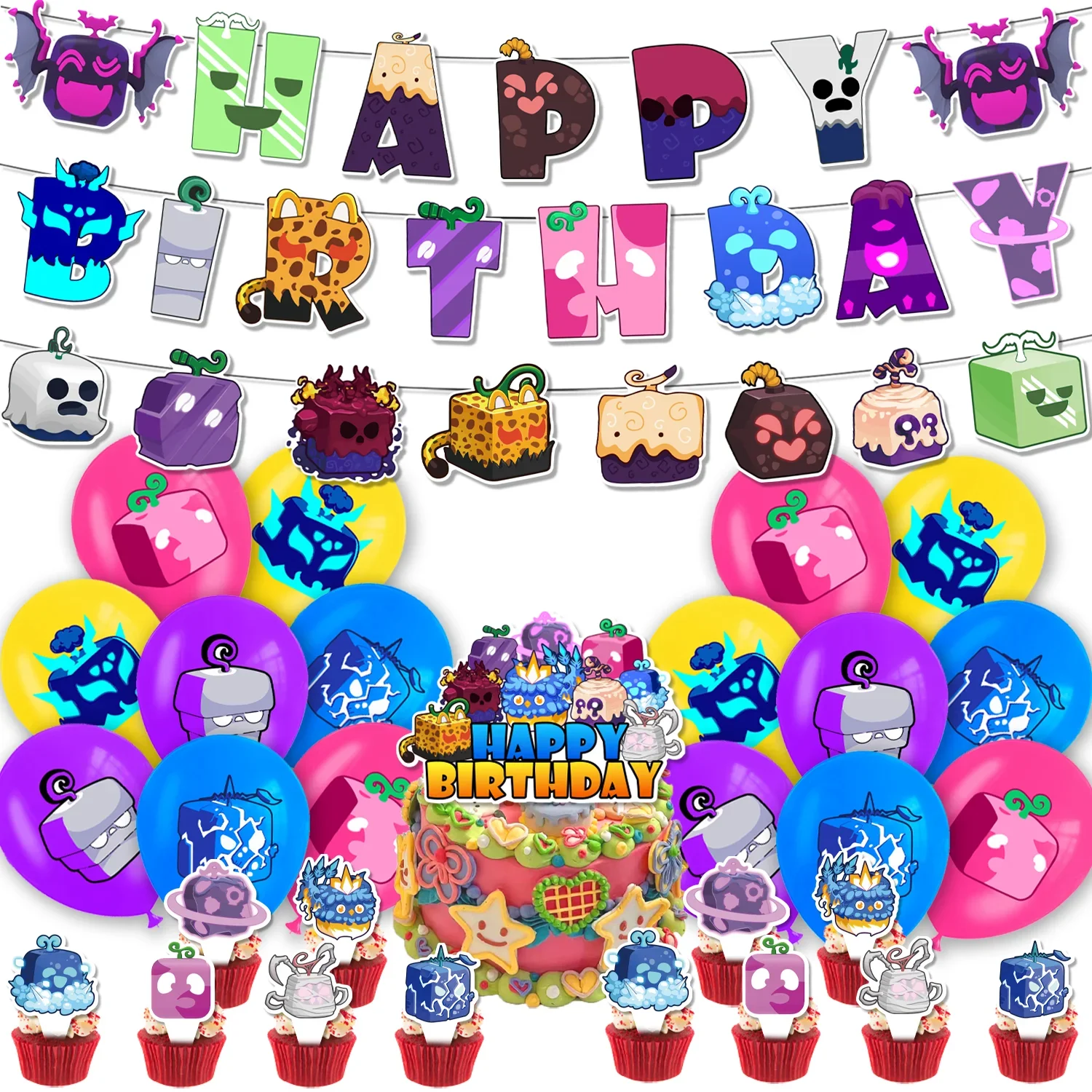 Cartoon Blox Fruits Themed Birthday Party Decoration Balloon Banner Cake Topper Game Box Party Supplies Kids Boys Baby Shower