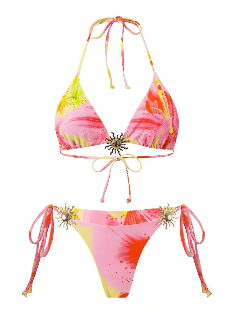 Swim Oasis 3pcs Solid Color Triangle Wireless Halter Top, Side Tie Swim Bottoms And Mesh Skirt Women Summer Beach Vacation
