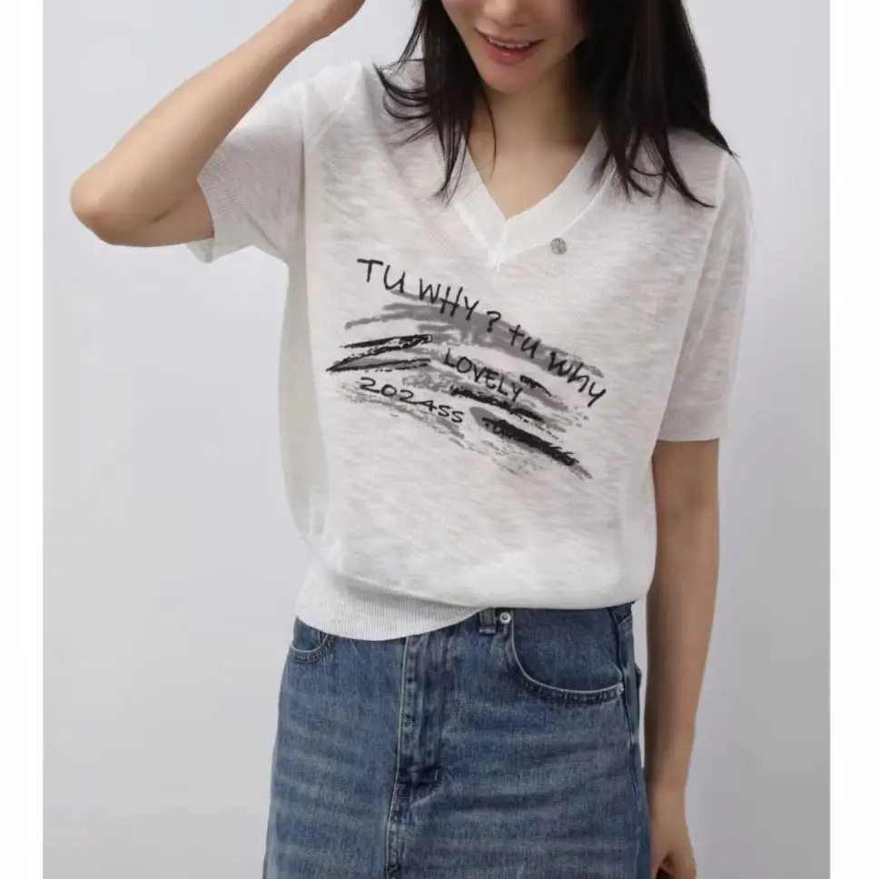 

Women's Casual Fashion V Neck Sweater Thin Pullover Short Sleeve Sweater 2025 New Plaid Trendy Women's Top