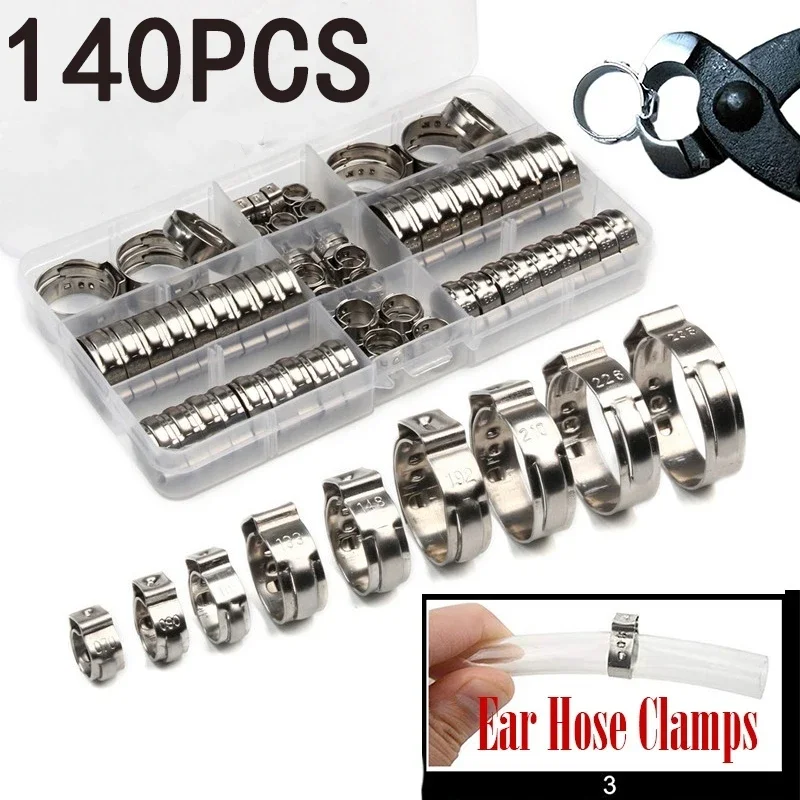 

140pcs Single Ear Hose Clamps 7 Sizes Stainless Steel Water Pipe Hose Clamp Mixed Assorted Set for Sealing All Kinds of Hose