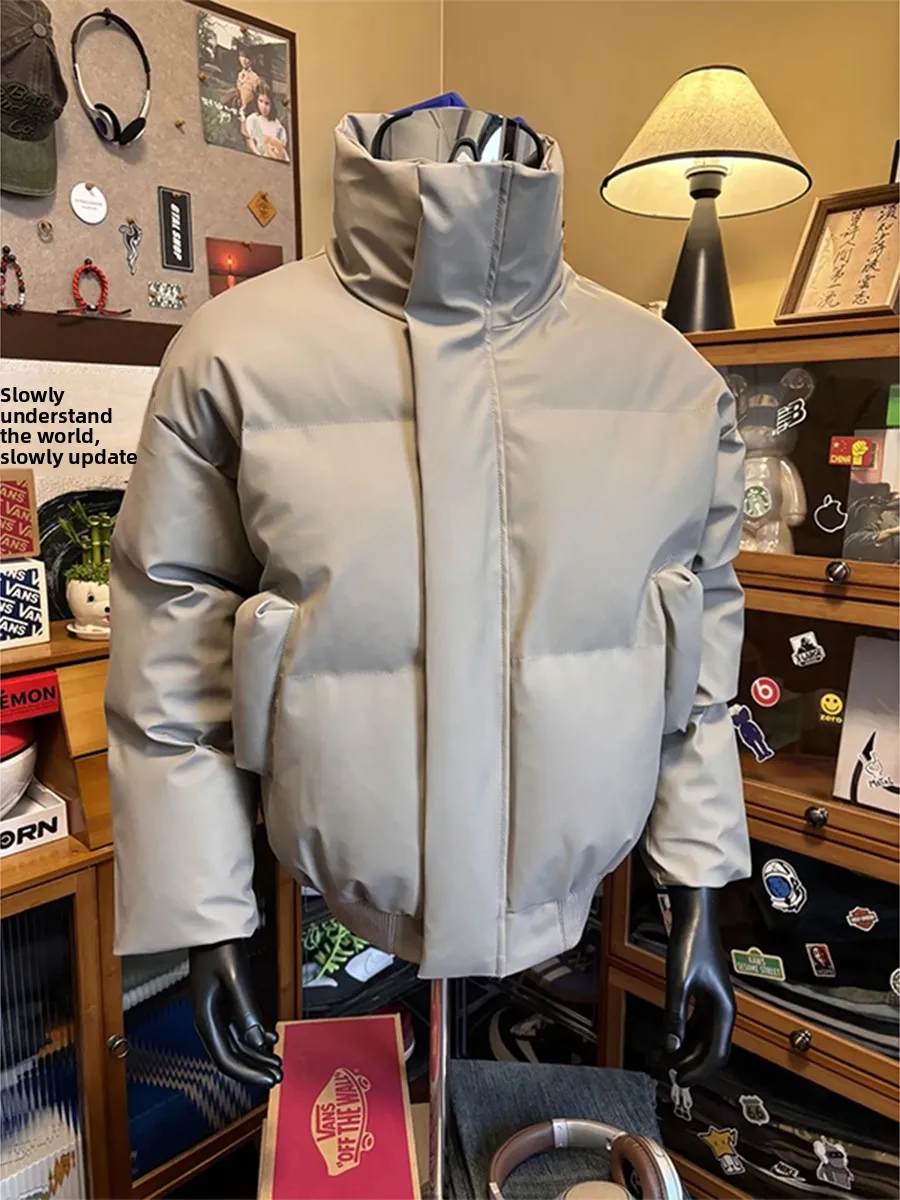 

Retro PU Leather Cotton Jaet Men's Winter Lightweight Stand Collar Warm Bread Sle Coat Thiened Five Sve Casual Outer...