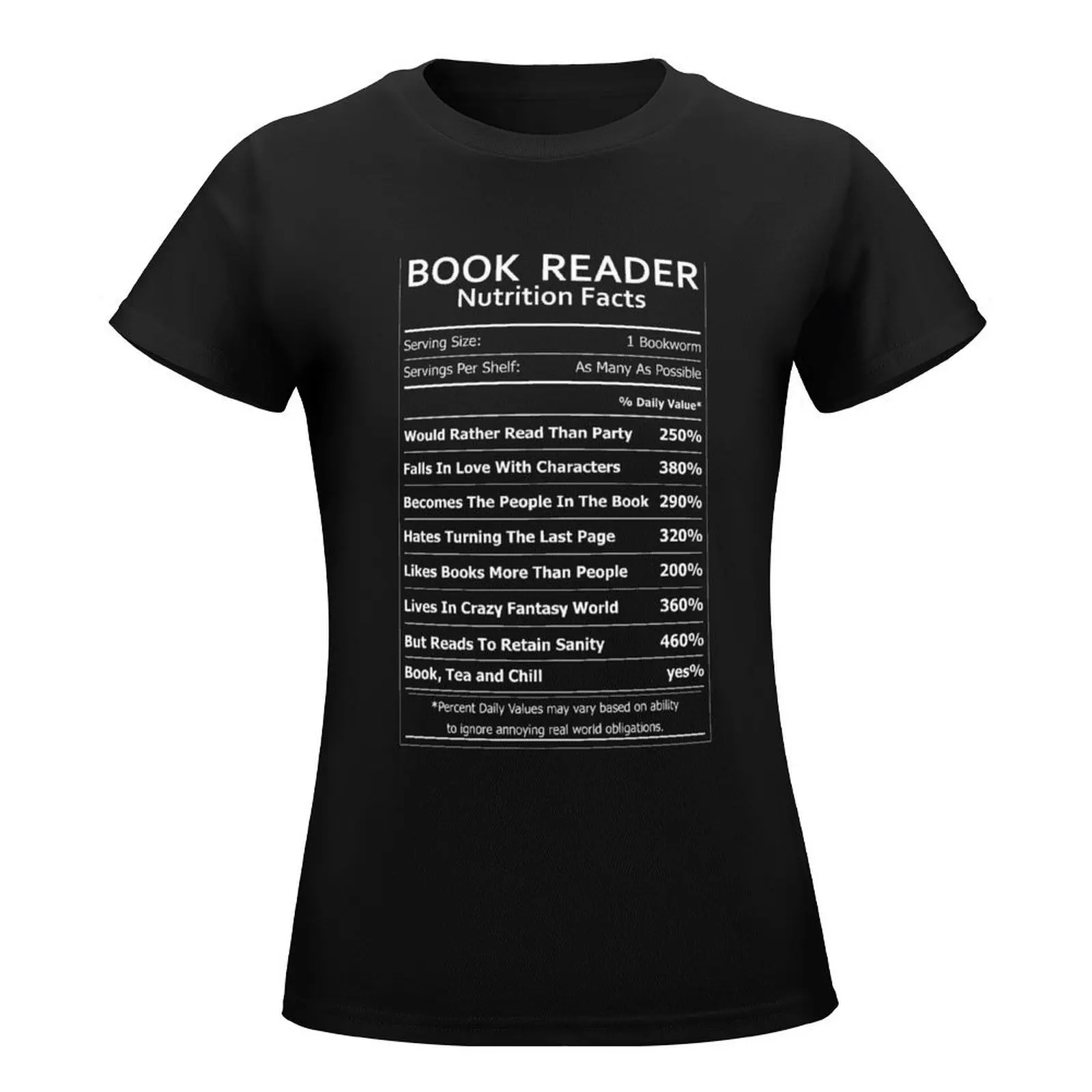 Book Reader Nutrition Facts For Bookworms camiseta, ropa estética kawaii, ropa linda divertida, camisas ajustadas para mujer