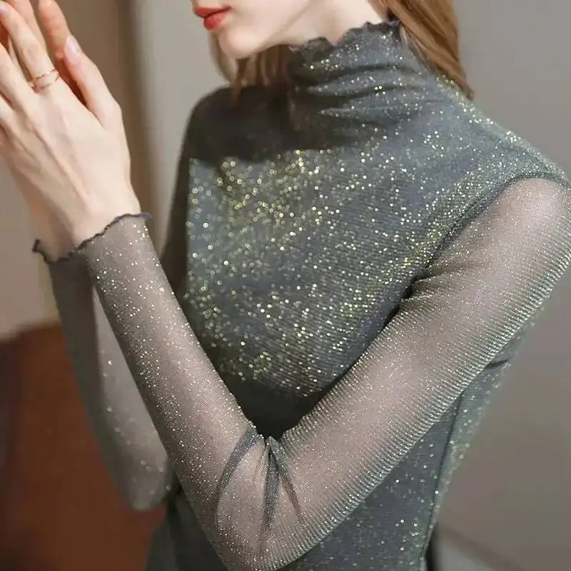 بلايز امرأة بريق الترتر ربيع الخريف سليم كم طويل تي شيرت للنساء حجر الراين الكورية الملابس الشعبية Pulovers نمط Kpop