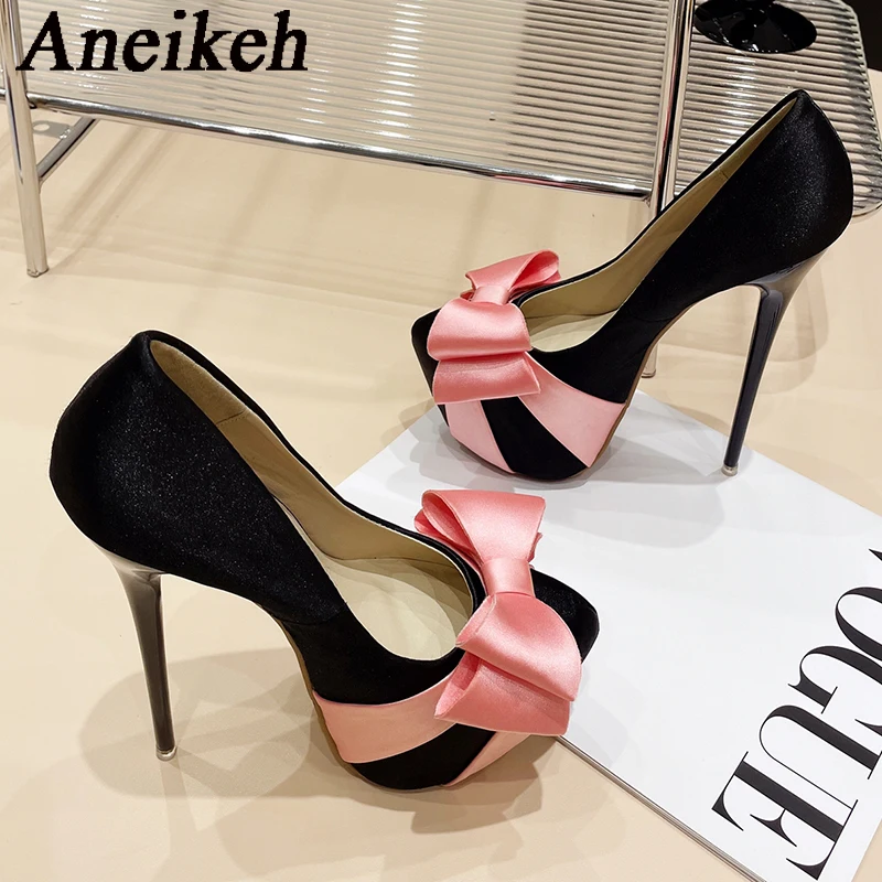 Aneikeh 2025 Fashion Sexy Super High Heel Round Head Single ShoeWomen Flock Butterfly-knot Ribbon Decoration Thin Heels Wedding