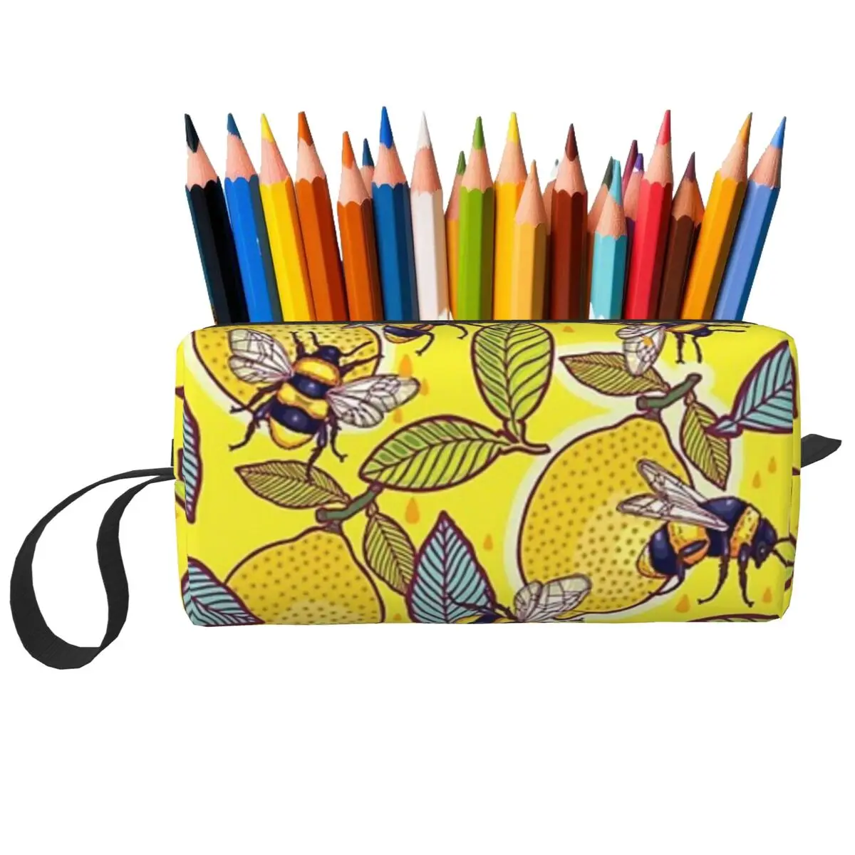 Yellow Lemon And Bee Garden Makeup Bag Cosmetic Organizer Toiletry Cosmetic Bag for Women Beauty Travel Pencil Case
