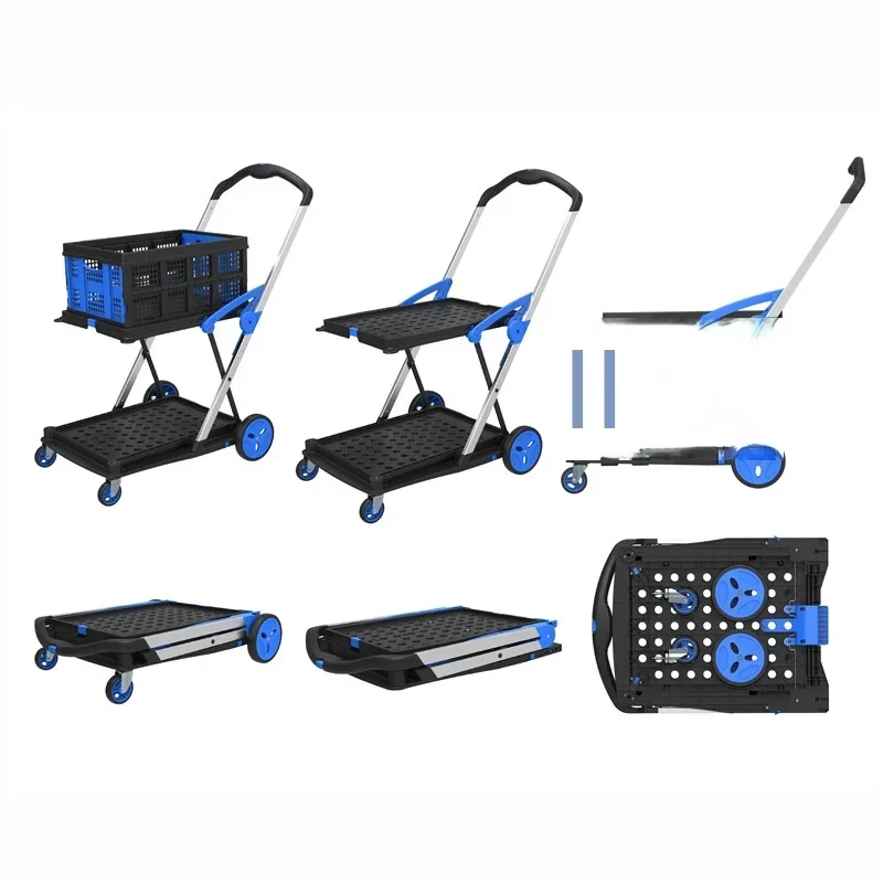 Mobile folding double-layer shopping Collapsible hand buggy portable trolley Shopping cart with Storage Crate Platform Truck