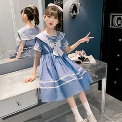 2024 Summer New retro Girls long Dress party Sailor Collar Teens Casual striped JK Dress Patchwork Clothes Toddler 8 10 12 year