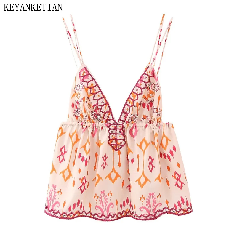 KEYANKETIAN New Summer Women\'s Holiday Halter Argyle Vest Beading Sequined Embroidery Decoration Backless Camis Tank Crop Top