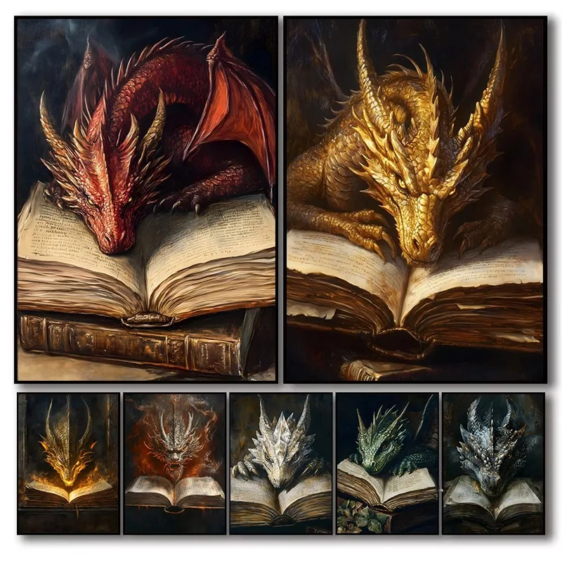 Impression sur toile Dragon Mystique, Décoration murale Gothique Fantasy Dark Academia, Peinture de livre antique, Affiche Créatures Mythiques