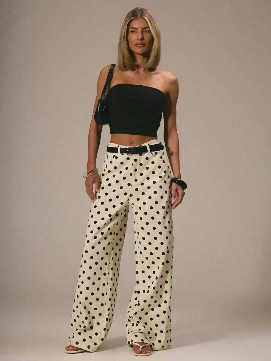 

Polka Dot Wide Leg Mid Rise Denim Pants Casual Summer Women