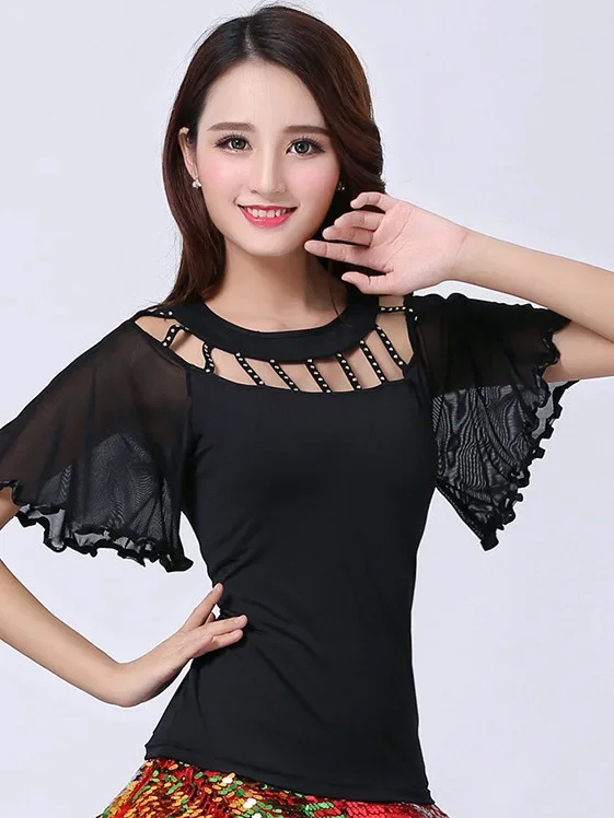 Ballroom Dancing Top Social Dance Top Flare Sleeve Hollow Top Large Size Short Sleeve Latin Modern Dance Practice Clothes