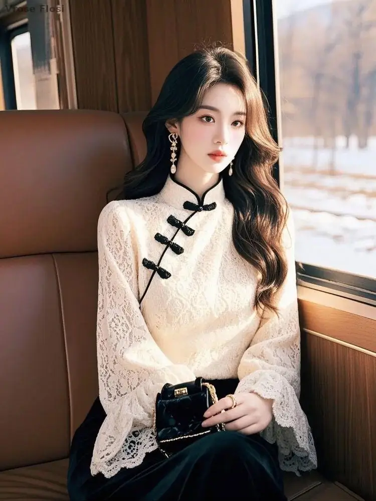 

2025 винтажный темпераментный литературный топ Qipao, китайский традиционный улучшенный повседневный элегантный топ, классическая изысканная кружевная блузка