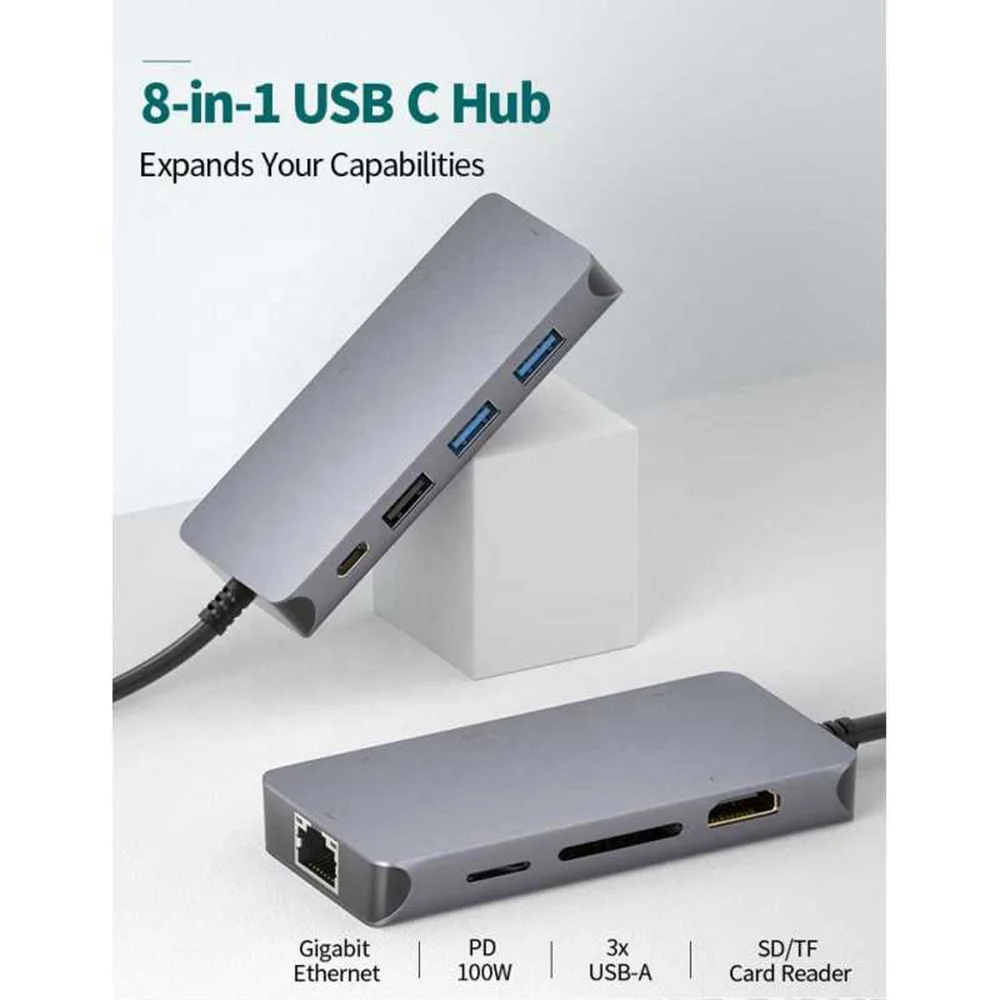 

2025 hot sale Port 8 in 1 USB-C Hub Portable Multi Docking Station Network 4K HDTV USB Type C Hub 4K Gig Abit Ethernet