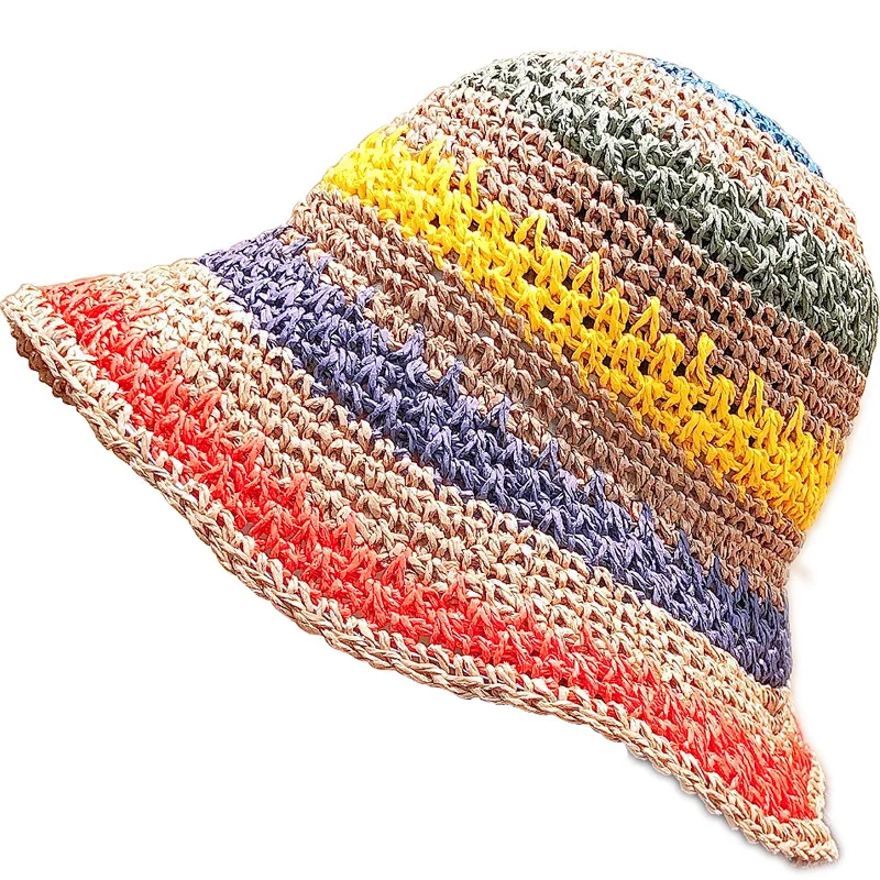 Regenbogen Stroh Hut Für Frauen Sommer Sonnenblende Handgemachte Häkeln Großen Krempe Eimer Hüte Damen Strand Sonnenhut Boho Mädchen der Mode Caps