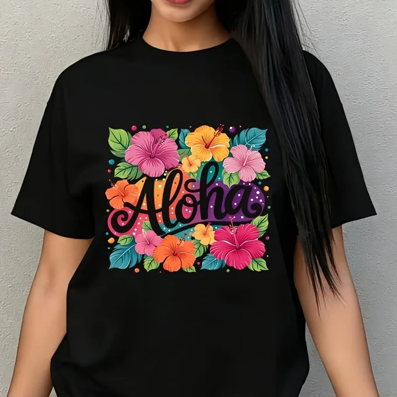 Aloha Tropical Hibiscus Flower Colorful Printed Women's Plus Size T-Shirt 100% Cotton 220g