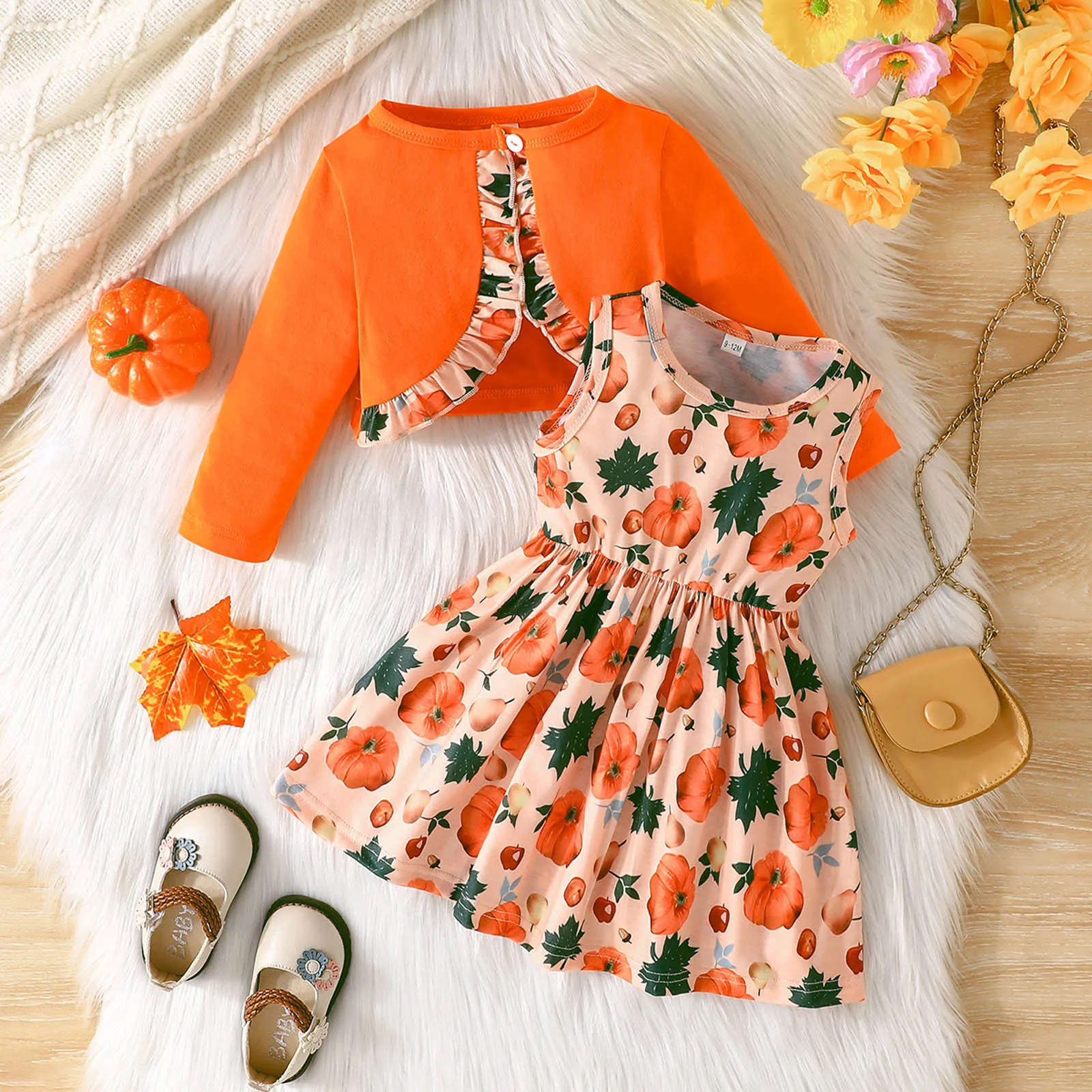 Baby Girls' Halloween Pumpkin Print Clothes Sets Long Sleeved Shawl Top Sleeveless Dress Two Piece Set Baby Clothes Infant Girls