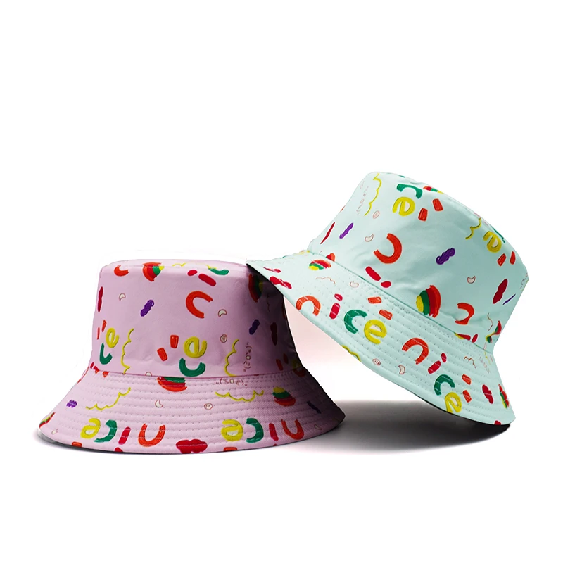 Top Graffiti Printing Bucket Hat Rainbow Nice Letter Pattern Fisherman Hats Girly Color Double Sides Panama Cap Outdoor Travel