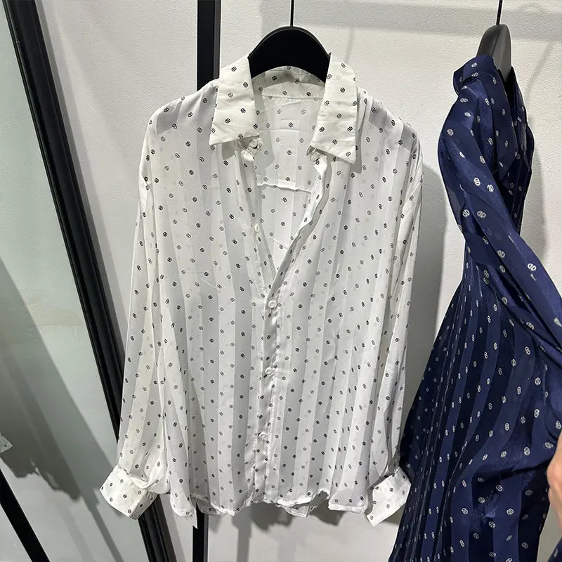 Designer Hollow out See through Striped Light Thin and Loose Long-Sleeved Shirt High-Grade Artistic Temperament Clothing Fashion