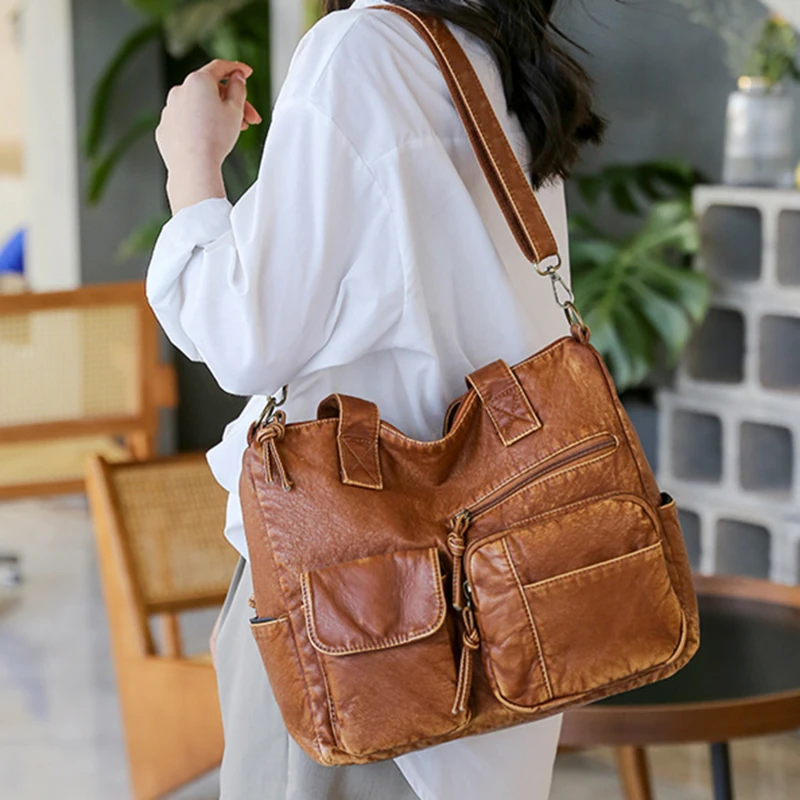 Ladies Shoulder Bag Double Zipper Even Size Large Capacity Commuter Bag Simple Leisure Soft Leather Texture Handbag Travel Bag