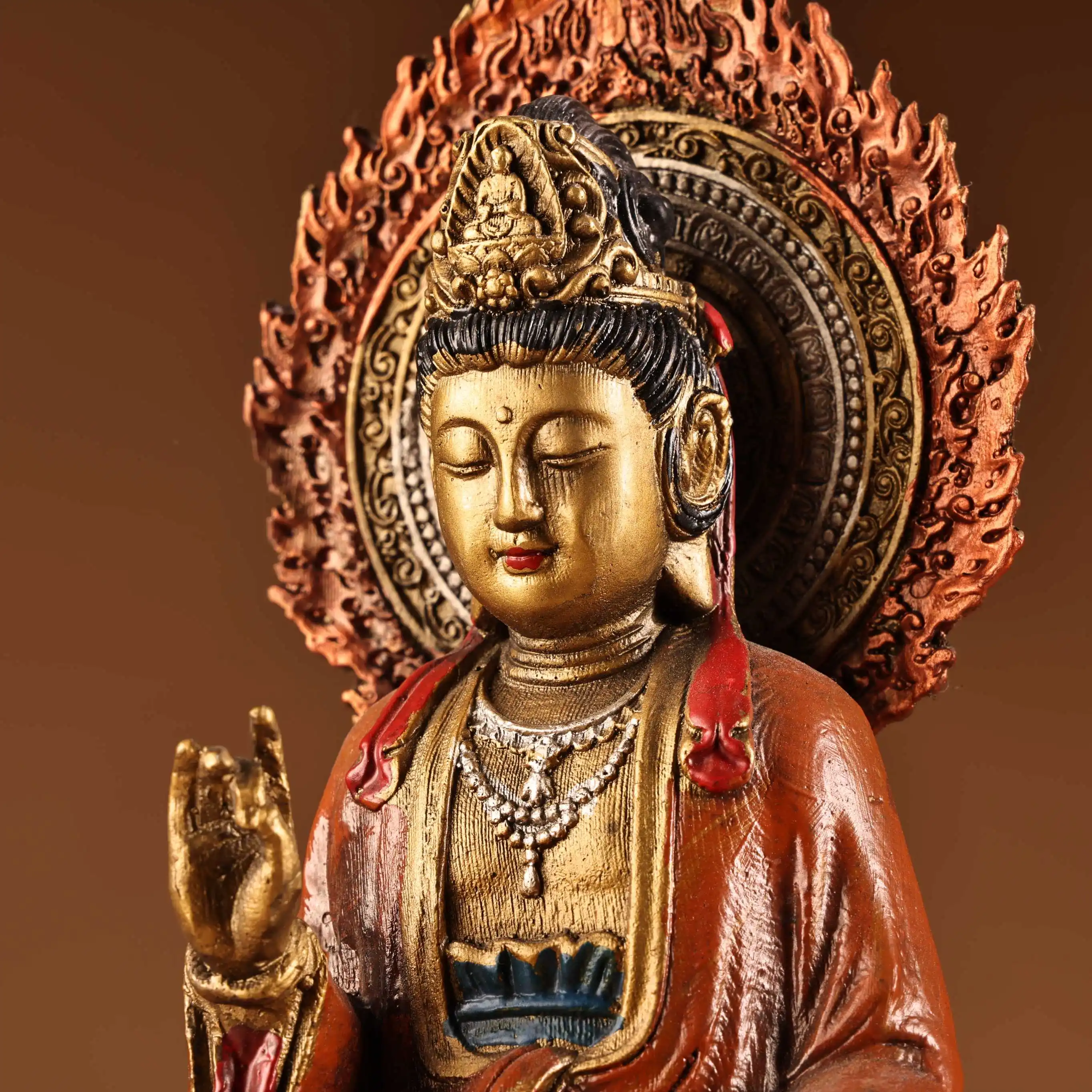 Old Bronze Painted High Relief Flame Moonlight Backlight Guanyin Bodhisattva Sitting Buddha Buddha Terrace