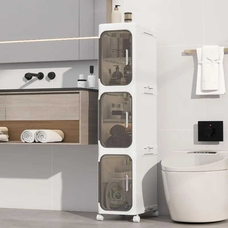 

3-Tiers Slim Bathroom Storage Cabinet, Foldable Storage Cabinets,Narrow Bathroom Storage,Movable Bathroom Storage Organizer for