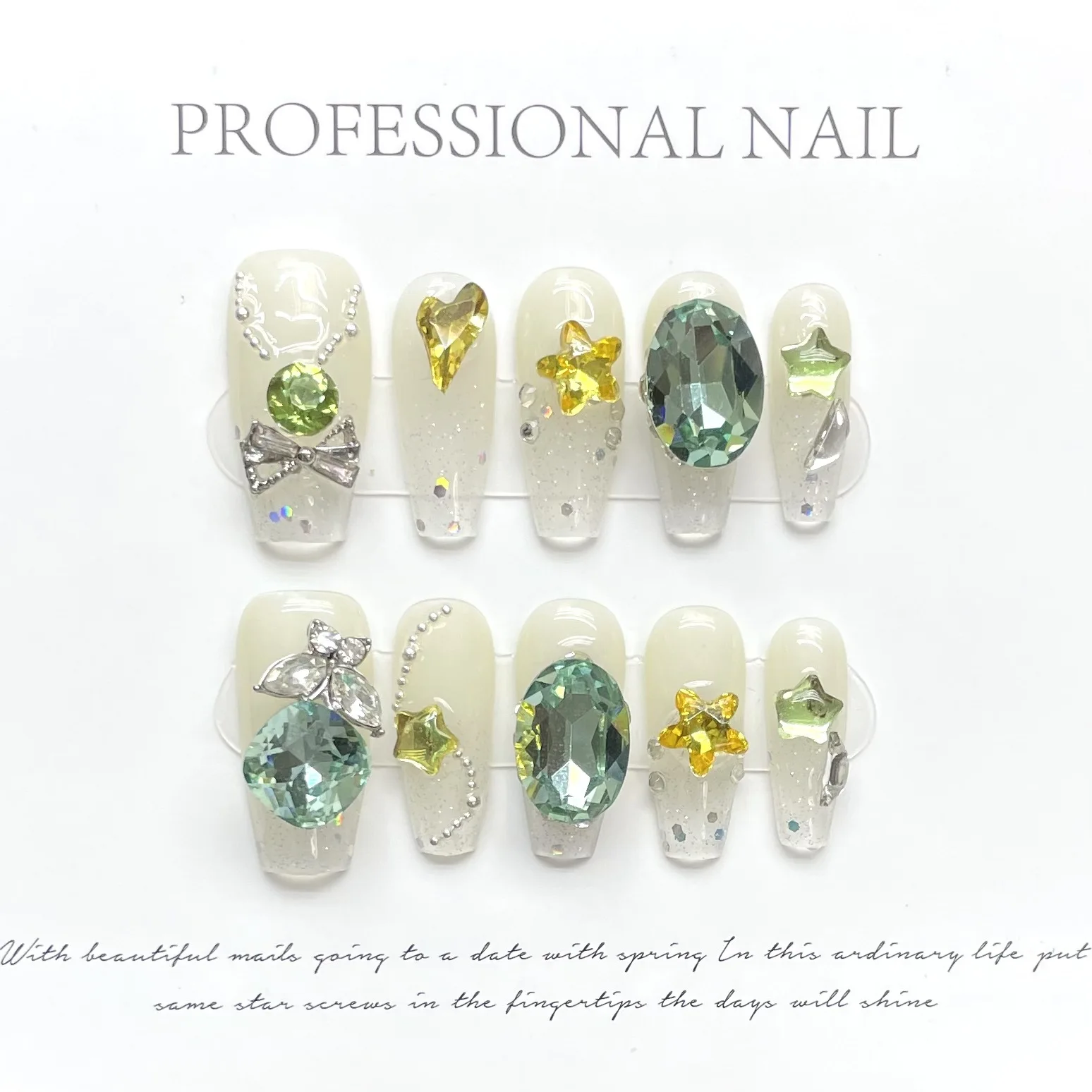 

10 PCS Luxury Handmade Press on Nails Middle Coffin Green Field Qingti Design with 3-PIECE Tool Adhesive Nail Glue Tabs