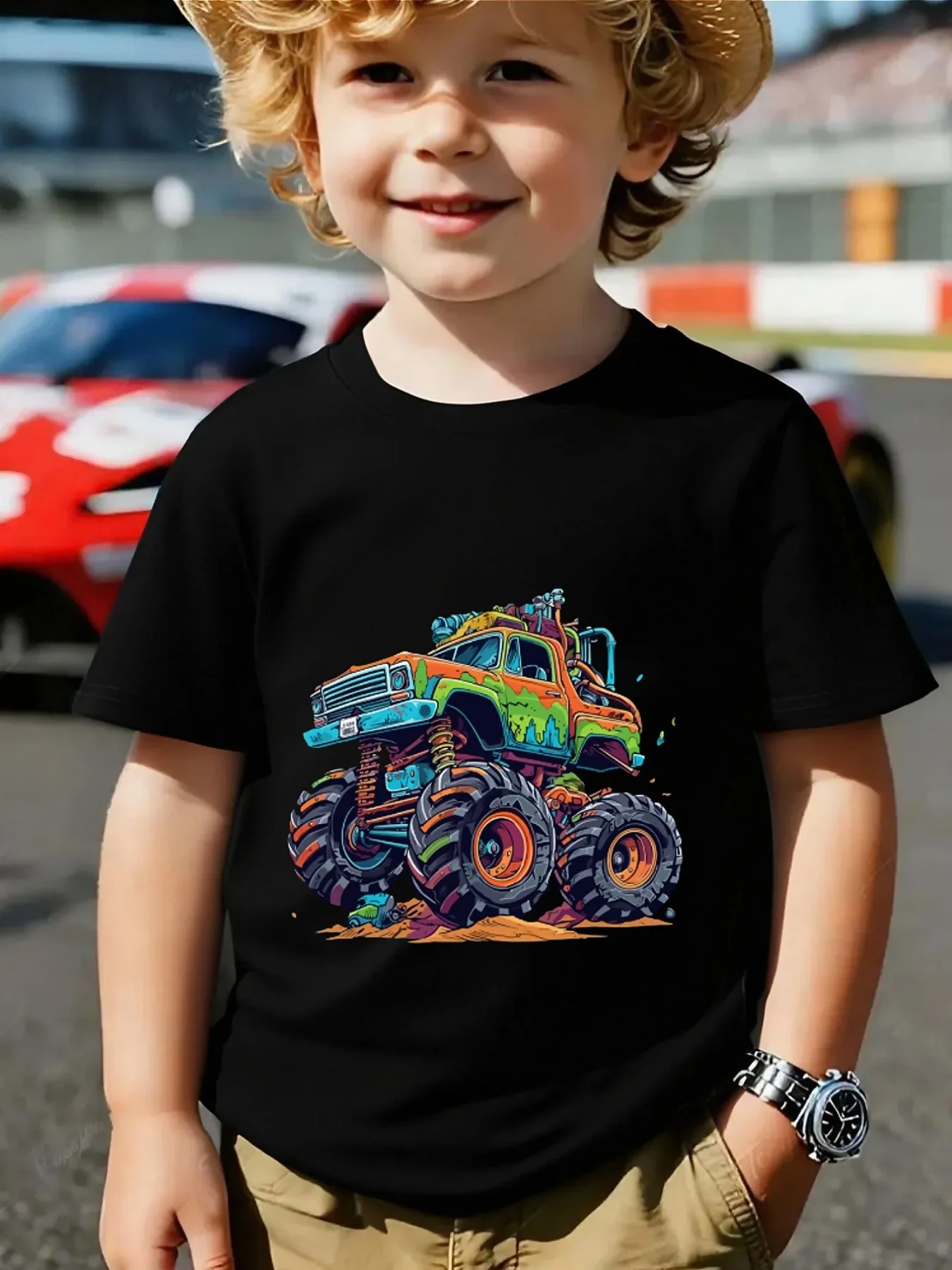 Monster Truck Colorful Graphic Print Family Matching Short Sleeve Tee Boys Girls Kids Casual Cool Vehicle Pattern Summer Tops