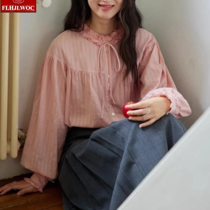 السنة الجديدة الوردي الكشكشة الوقوف طوق ربطة القوس فيونكة القمم البلوزات جديد 2026 ربيع المرأة شيك كوريا اليابان الفتيات نمط Preppy القمصان الأساسية