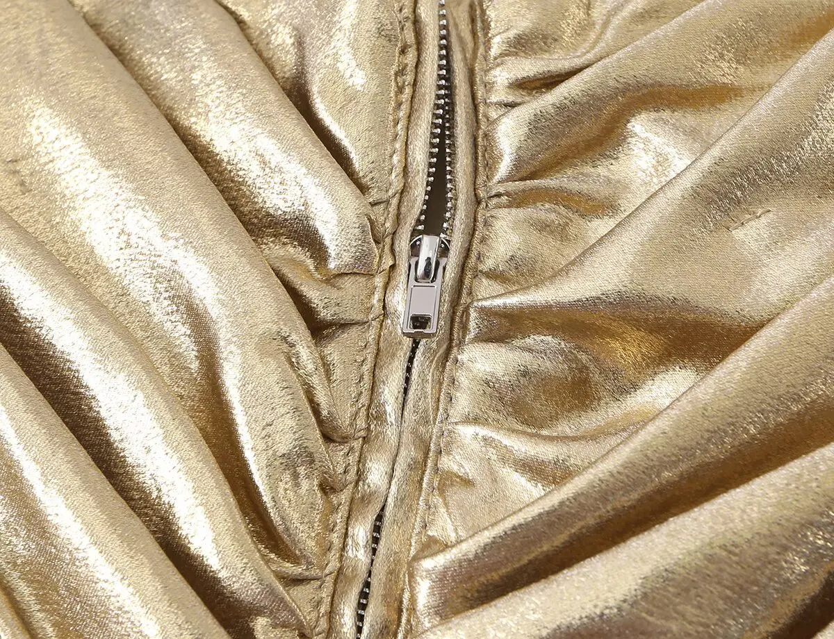 TFMLN 2026 Damen Glänzendes Gold Gerafftes Top Modisches Diagonal Plissiertes Ärmelloses Trägerloses Crop-Top Damen Abend-Partykleidung – Detail 10