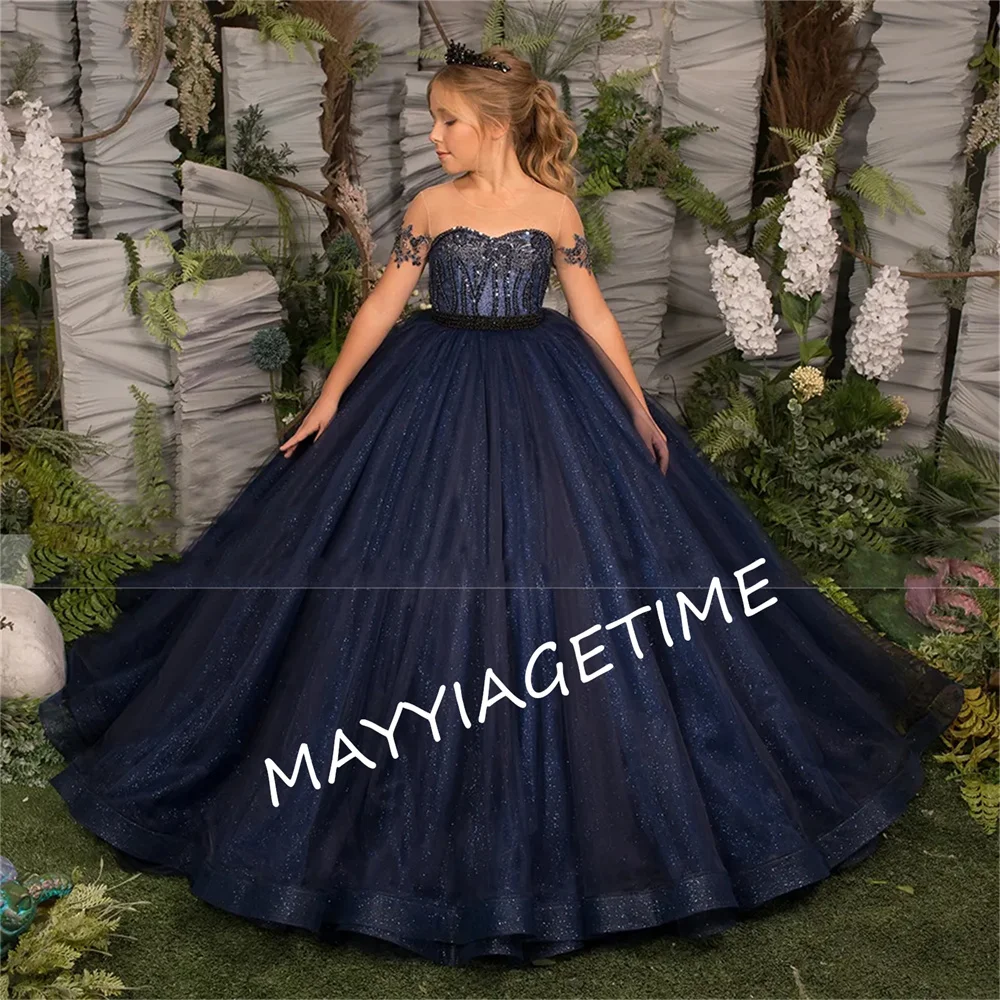 Marineblau glänzende Spitze Tüll kurze Ärmel Blumen mädchen Kleid Prinzessin Ballkleid für besondere Anlässe Brautjungfer Hochzeits feier