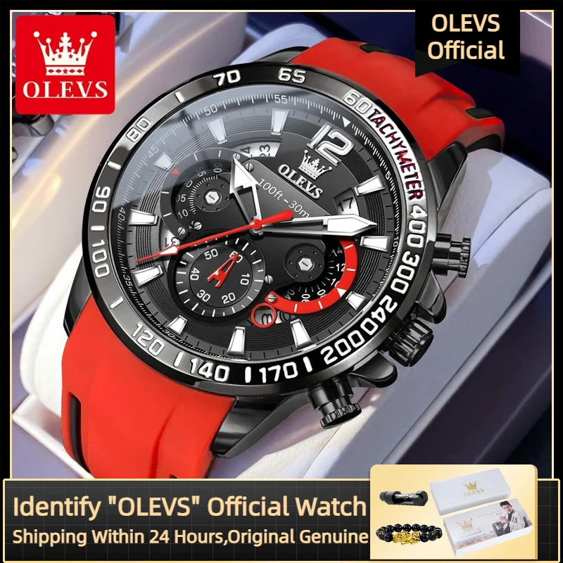 OLEVS ساعة كوارتز رجالية موضة المطاط الأصلي حزام مقاوم للماء توقيت التقويم عرض الشاشة تصميم ساعة رياضية للرجال