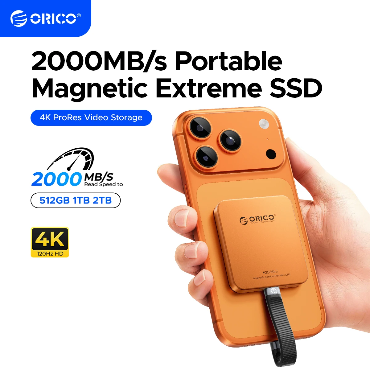 

ORICO 2TB Magnetic External SSD, Aluminum Alloy, Up to 2000MB/s, 4K 120Hz ProRes HDR Record and Store, External SSD for iPhone