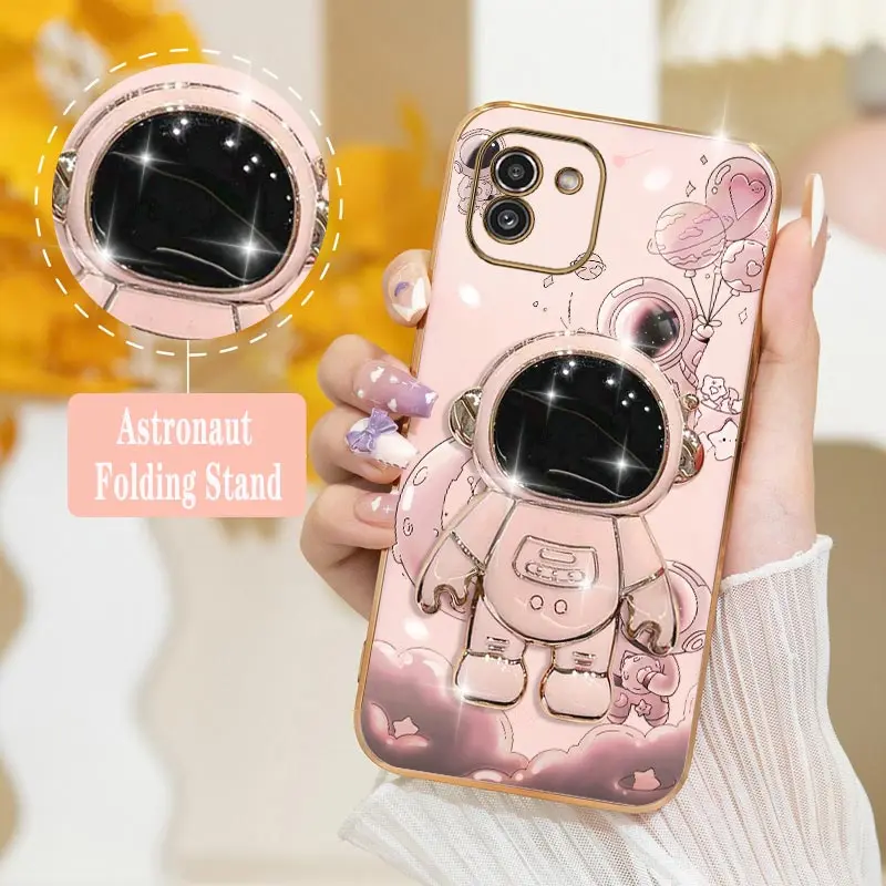 Cartoon Astronaut Plating Phone Holder Case For Samsung Galax A03 A03S A04 A04E A04S A51 A52 A52S A53 A54 A71 A72 A73  Cover