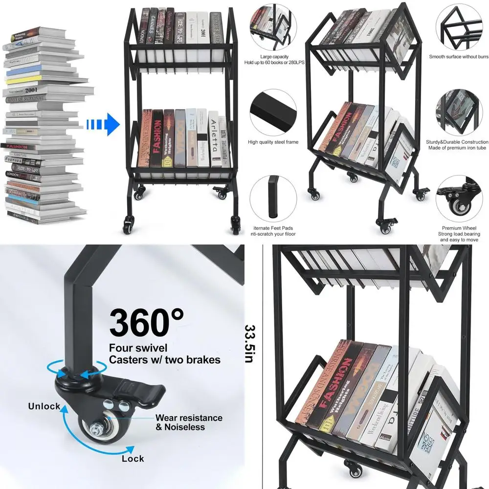 

360° Swivel Metal 2-Tier Book Cart for Study, Living Spaces, and Sofa Side Libraries