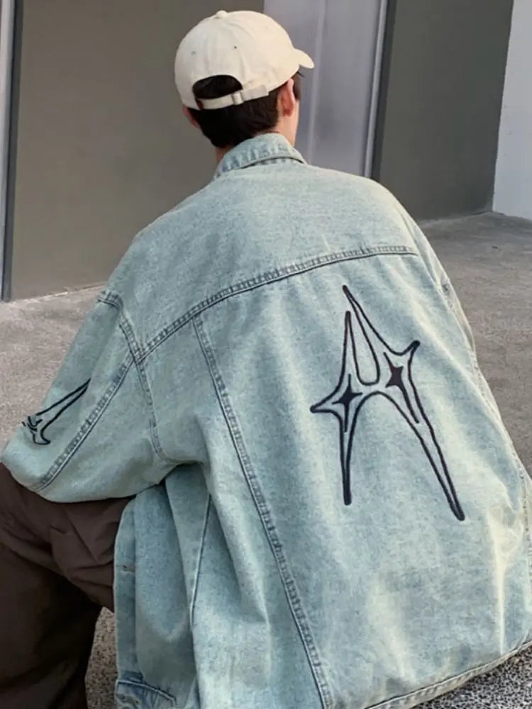 

Retro American Embroidered Denim Jaet for Men Spring Autumn Sle Turn-down Collar Youth Faion Workwear Jaet