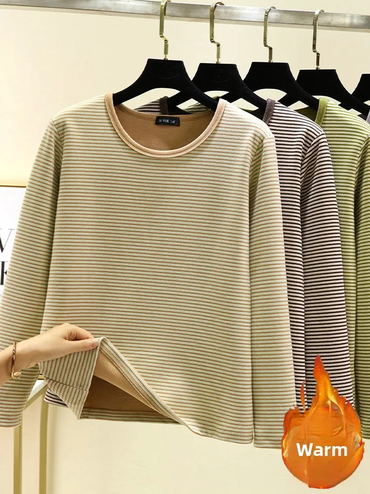Women's Winter Thermal Stripe round Neck Top Loose Fit Comfortable plus Size Casual Long Sleeve Base Shirt July Deer Brand