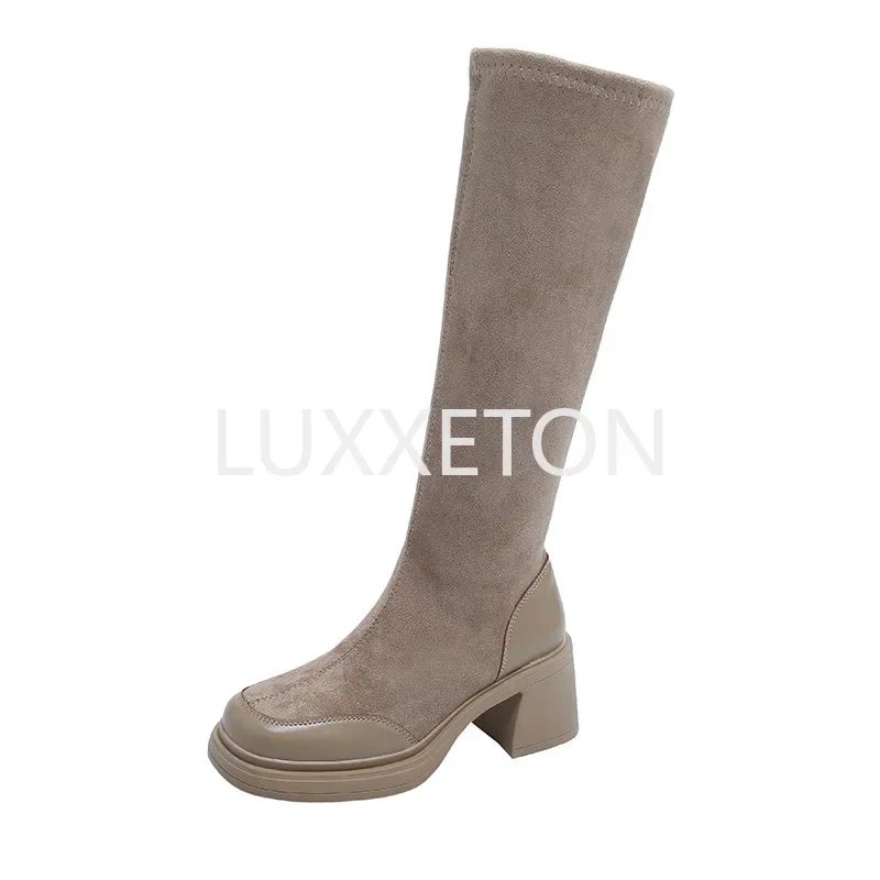 2024 New Winter Style with Fleece Medium Chunky Heel Knight Boots Women's High Tube Thinner-looked High Heel Shorty Long Boots